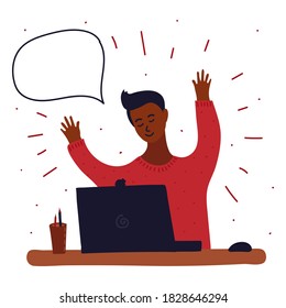 Vector cartoon illustration of black african boy blogging in internet, learn or playing game. Some exclamation mark around him and speech bubble. E-learning, remote work