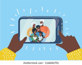 Vector cartoon illustration of Black family taking a selfie photo with smartphone or make videocall. Three generation. Laughing mother, father and sons. Grandmother, grandfather on display.