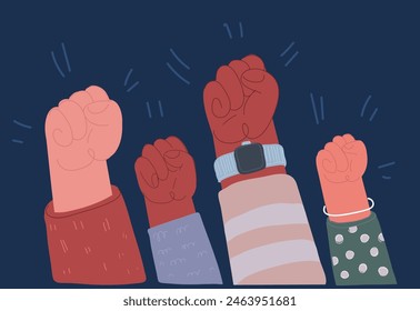 Vector cartoon illustration of black lives matter raised up mix race fists awareness campaign against racial discrimination of dark skin color support for equal rights of people horizontal over dark 