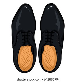 Vector Cartoon Illustration - Black Pair of Leather Men Shoes. Top View