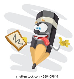 Vector cartoon illustration of a black pencil character mascot holding a note pad