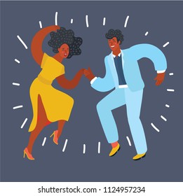 Vector Cartoon Illustration Of Black Vector Silhouette Of A Couple Dancing Swing Or Tap Dance. Black Afro American People. Male And Female Characters.