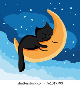 Vector cartoon illustration of a black sleeping cat holding the Moon in night sky. Good cloudy night with moon and stars.