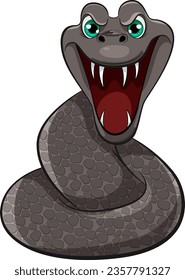 A vector cartoon illustration of a black snake with scales, open mouth, and sharp teeth, ready to bite