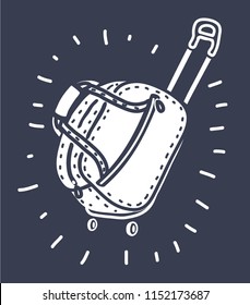 Vector cartoon illustration of black suitcase for travel isolated on dark background. Modern outline illustration.