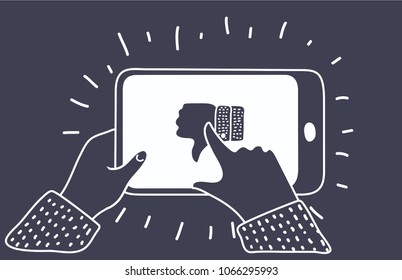 Vector cartoon illustration of Black and white set phones with symbols thumb down. User give bad rate by phone. Black and white concept on dark background.