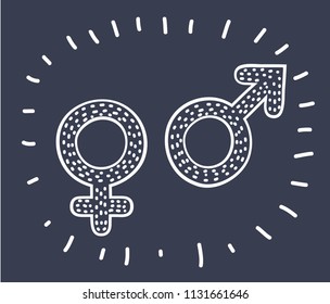 Vector cartoon illustration of Black and white female male symbols in black and white on dark background. Hand drawn sights.