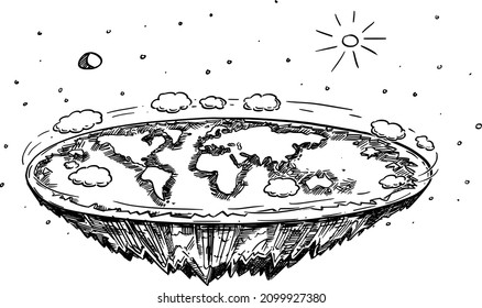 Vector Cartoon Illustration or black and white drawing of Flat Earth in Space, Concept or Flat Earth Conspiracy or Theory, Science and Education.