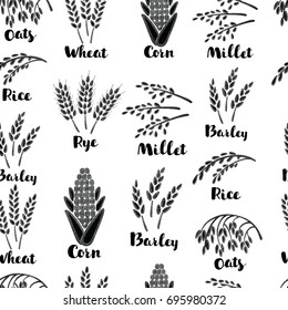 Vector cartoon illustration of black and white seamless pattern with hand drawn outline cereals, grains, lettering hand drawn names. Background with ears of wheat, rye, barely, corn, rise and names