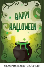  Vector cartoon illustration of black witch cauldron with magical potion and bubbles on the Green Background. Happy Halloween Poster, Greeting Card .