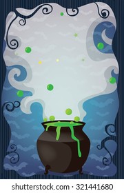 Vector cartoon illustration of black witch cauldron with magical potion and bubbles on the Blue Background. Happy Halloween Poster, Greeting Card .
