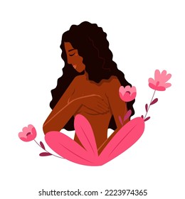 Vector Cartoon Illustration with Black Woman for Disease Prevention Campaign or Healthcare. Breast Cancer Awareness Month.