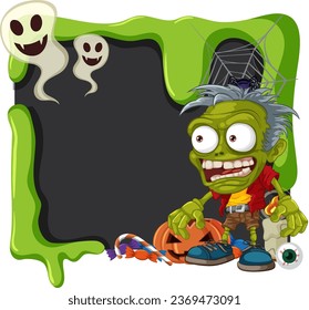 A vector cartoon illustration of a blackboard with a zombie-themed Halloween border banner