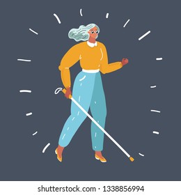 Vector cartoon illustration of Blind woman with stick. Human character on dark.