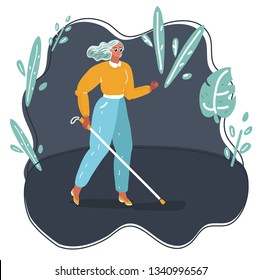Vector cartoon illustration of blind woman is walking in the dark, using a cane.