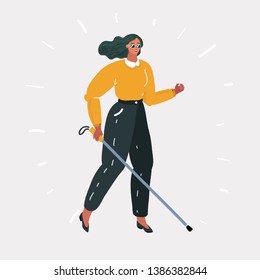 Vector cartoon illustration of blind woman standing with walking stick at home. Young blind woman in dark glasses walking with cane. Human character on white bakcground.