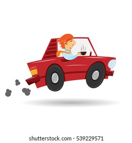 Vector cartoon illustration of a blonde businessman driving a car to work holding a cup of hot coffee.