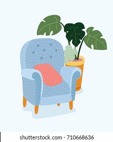 Vector cartoon illustration of blue armchair with wooden legs, pillow and houseplant in a pot Monstera on white isolated background