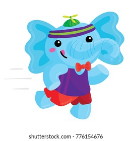 Vector cartoon illustration of blue elephant in sports attire running and isolated against white background