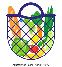 Vector cartoon illustration of blue grocery string bag or turtle mesh bag with organic food isolated on white background. Caring for the environment concept. Eco-food shopping.