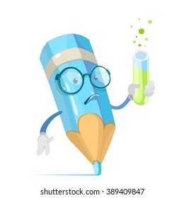 Vector cartoon illustration of a blue pencil mascot character of a scientist in glasses holding a test tube