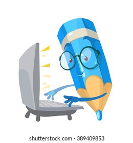 Vector cartoon illustration of a blue pencil mascot character in glasses works behind a computer