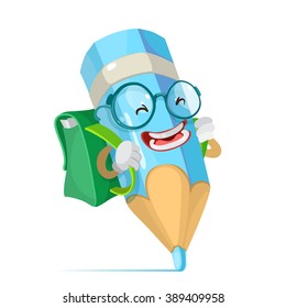 Vector Cartoon Illustration Of A Blue Pencil Mascot Character Schoolboy In Glasses And Carries A Backpack Goes To School