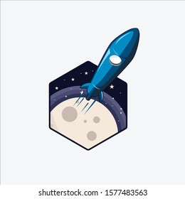 vector cartoon illustration the blue rocket comes out of the hexagon frame with a shining moon and stars. rocket moon out frame. logo icon template background.