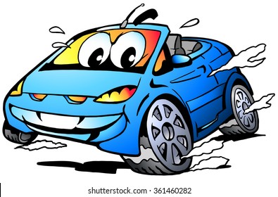 Vector Cartoon illustration of a blue Sports Car Mascot racing in full speed