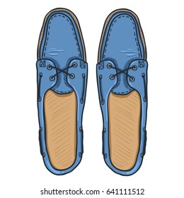 Vector Cartoon Illustration - Blue Topsider Men Shoes. Top View