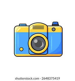 Vector cartoon illustration of a blue and yellow retro camera, perfect for photography themes, creative projects, or educational use.