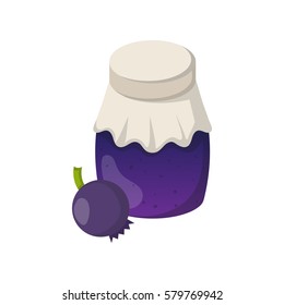 Vector cartoon illustration with blueberry jam jar. Sweet jelly marmalade glass bottle. Homemade sugar preserves icon. Fruit food object