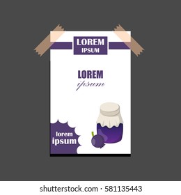 Vector cartoon illustration with blueberry jam jar. Sweet jelly marmalade glass bottle. Homemade sugar preserves icon. Fruit food object