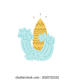 Vector cartoon illustration of surf board standing in water waves.	
