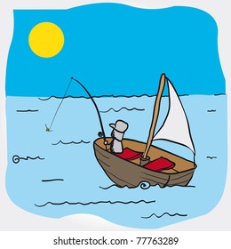Vector cartoon illustration of a boat in high sea.
