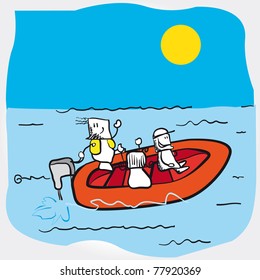 Vector cartoon illustration of a boat in high sea.
