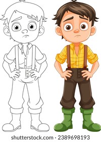 A vector cartoon illustration of a bored and sad boy in farmer overalls