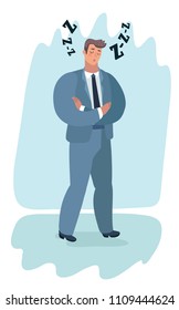 Vector cartoon illustration of Boring report. A man in a suit fell asleep standing.