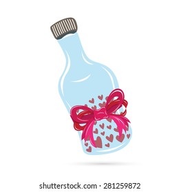 Vector cartoon illustration of a bottle containing heart-shaped pills.