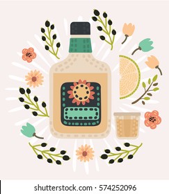 Vector cartoon illustration of bottle of tequila, caballito and a slice of lemon decorated with flowers in vintage color