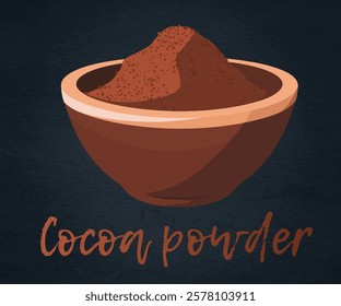 Vector cartoon illustration of bowl filled with fine ground cocoa powder on dark background. Rich flavor and aroma of cocoa powder, with a realistic grain texture