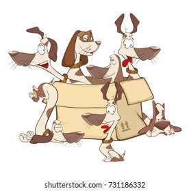 Vector Cartoon Illustration a Box of Puppies