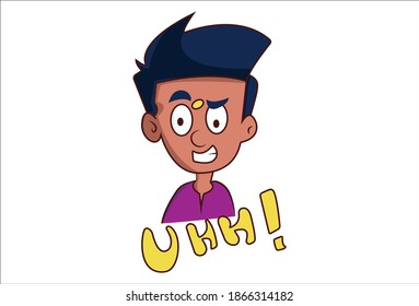 Vector cartoon illustration of boy is angry. Lettering text uhh. Isolated on white background. 
