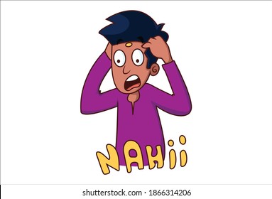 Vector cartoon illustration of boy is angry. Nahii Hindi text translation no. Isolated on white background. 