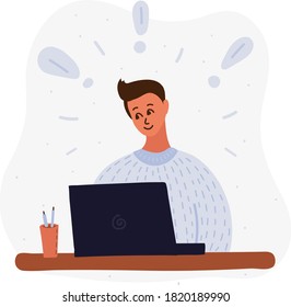 Vector cartoon illustration of boy blogging in internet, learn or playing game. Some exclamation mark around her. E-learning, remote work