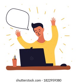 Vector cartoon illustration of boy blogging in internet, learn or playing game. Some exclamation mark around him and speech bubble. E-learning, remote work