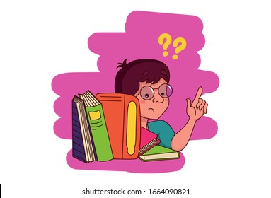 Vektorillustration Cartoon Illustration von Jungen mit Büchern. Einzeln auf weißem Hintergrund.