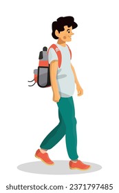 Vector cartoon illustration of boy character in an airport on white background.