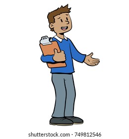 vector cartoon illustration of a boy with a clipboard and pencil conducting a survey, at school, in school uniform, asking questions, standing, talking, asking or speaking.