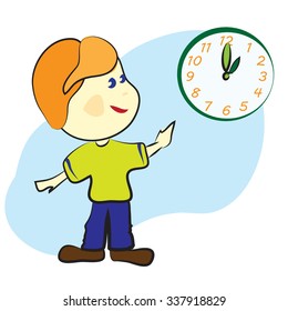 Vector cartoon illustration Boy with clock